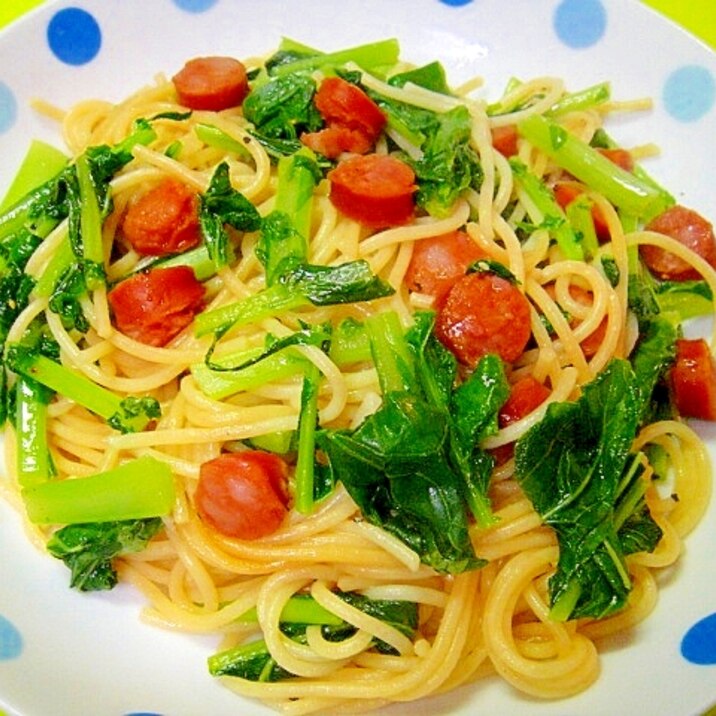 大根の葉と激辛チョリソーのパスタ